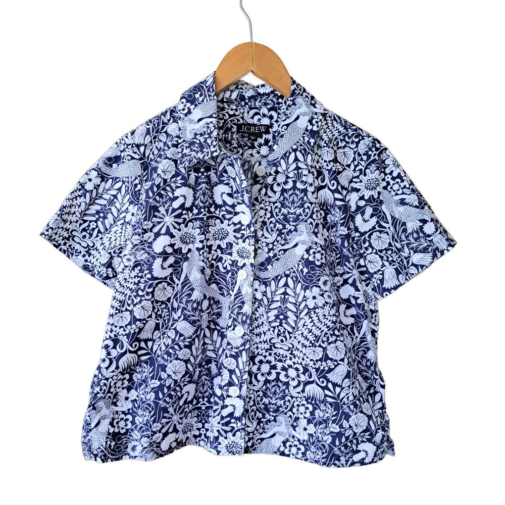 J CREW Gamine Button Down Short Sleeve Shirt Mermaid Floral  4 Navy Relaxed Fit